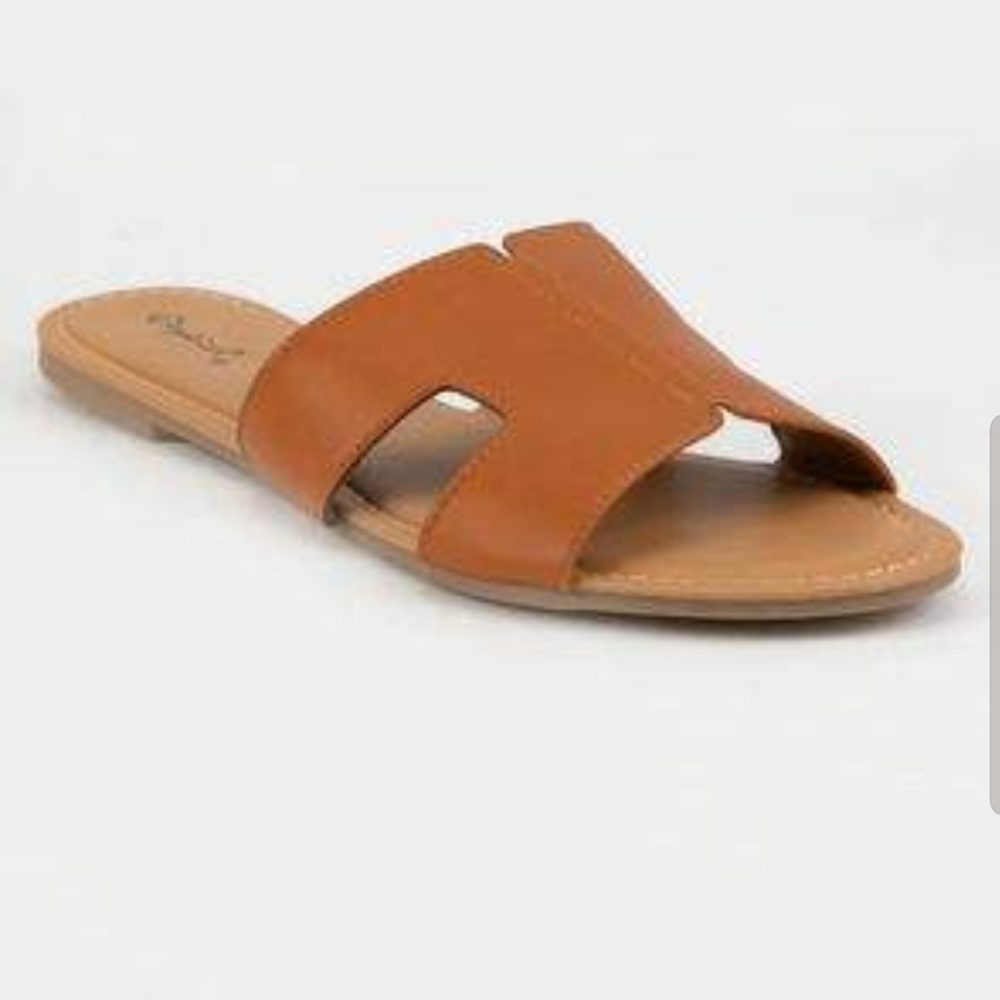Cognac Slide Sandals Vegan Leather Trendy Summer - Picture 5 of 8